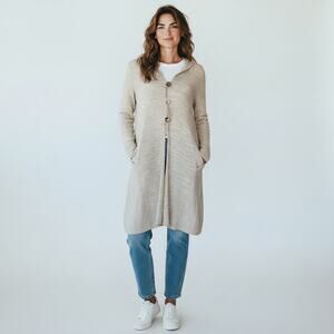 Scala Small modern knit cream oatmeal neutral beige duster button up cardigan